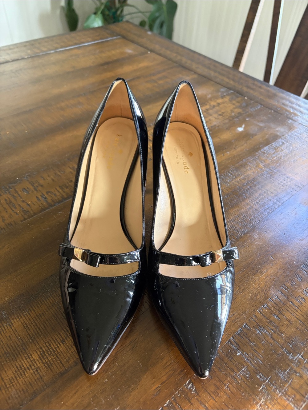 kate spade Black Patent Pointed-Toe Pumps with Bow Strap